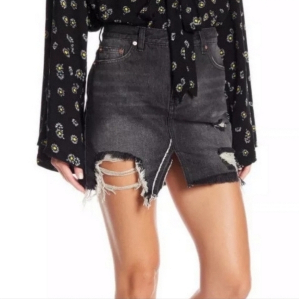 Free People Black Relaxed Ripped Denim Skirt